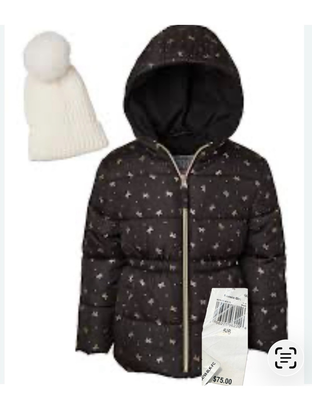 Kenzie Girl puffer jacket winter coat black gold bows Size 5/6 Cream Hat New